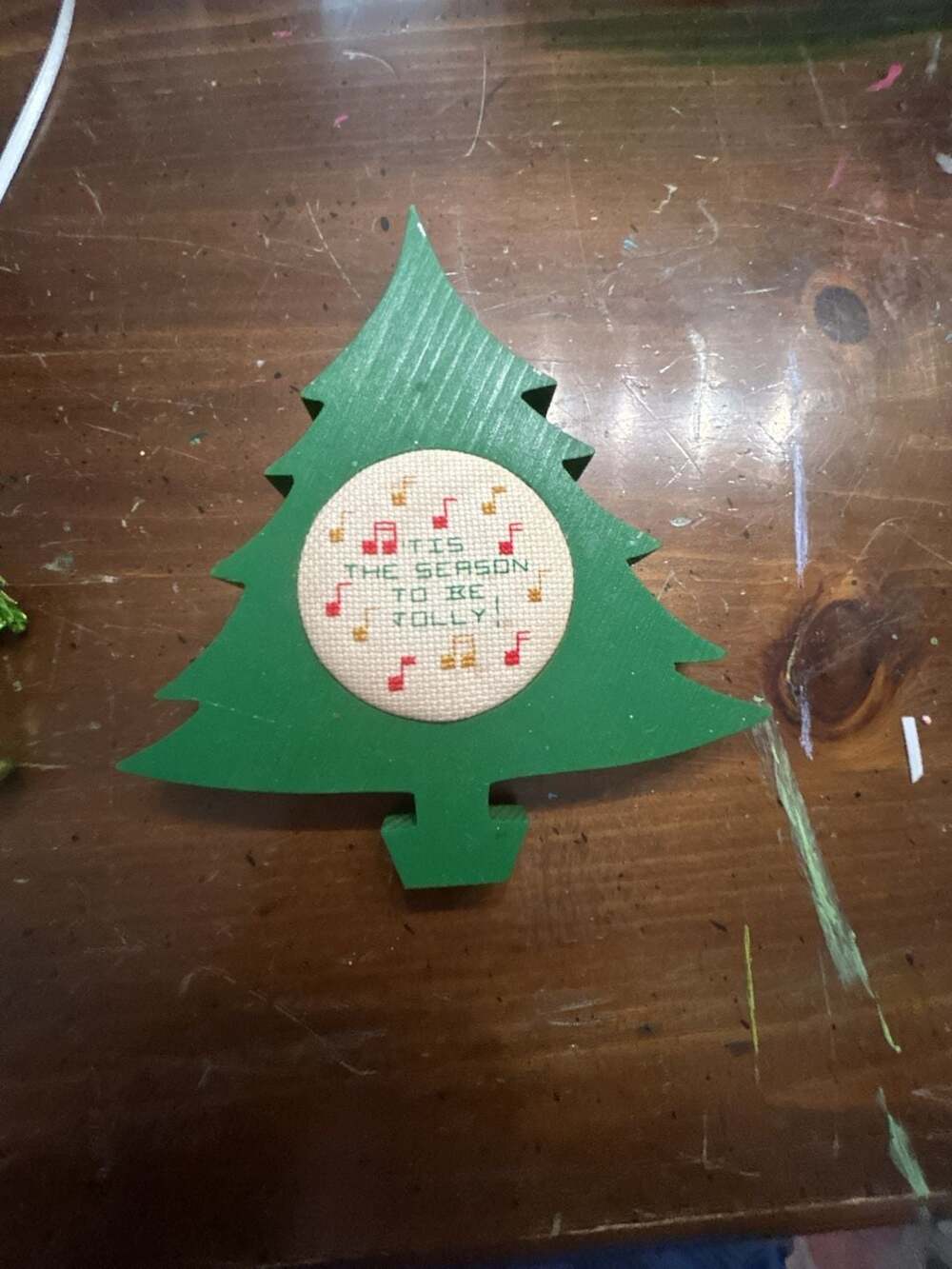 Vintage Handcrafted Wooden Christmas Tree Ornament with 'Tis The Season To Be Jo